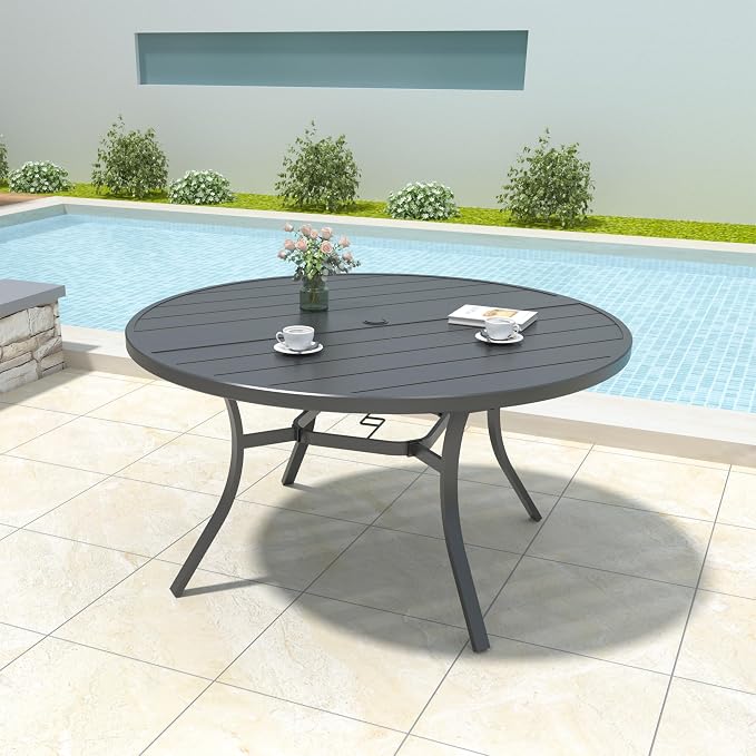Anmutig Outdoor Dining Set for 6, 54" Round Table & 6 Aluminum Frame Chairs | Stackable Chairs, Resin Slat Seating, Powder-Coated Steel Table, Umbrella Hole, Easy Assembly, Patio, Garden, Backyard