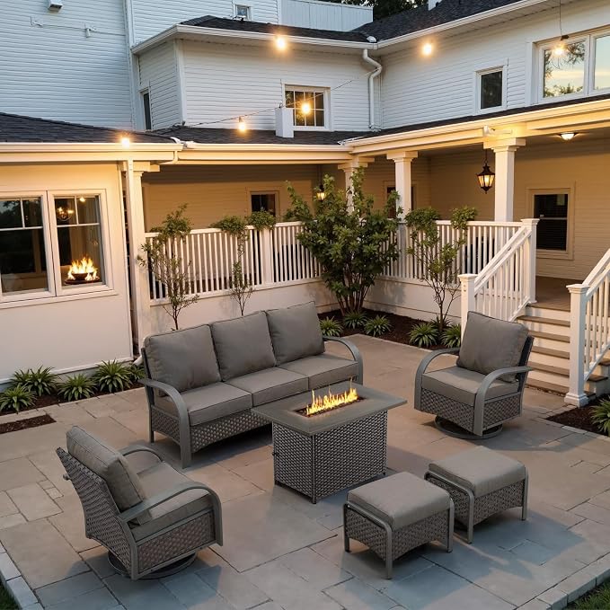 Belord Patio Furniture Set with Fire Pit Table - 50000 BTU Propane Fire Pit, 6 Piece Outdoor Conversation Furniture Sets with 2 Swivel Rocker Chair Rattan Sofa Perfect for Casual Gathering