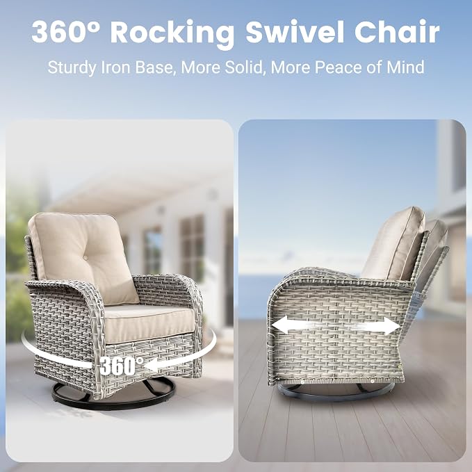 8 Pieces Patio Sectional Furniture Set, Outdoor Wicker Sectional Couch with High Back Swivel Rocker Chairs Solar Lights Table, Modern Conversation Set for Porch Balcony Backyard, Beige