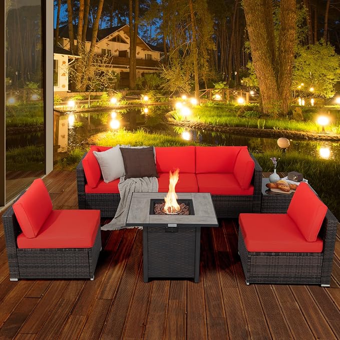 Tangkula 7 Piece Patio Furniture Set with Fire Pit Table, Patiojoy Outdoor PE Wicker Conversation Sectional Sofa Set with 30 Inches 50,000 BTU Propane Fire Pit Table, Waterproof PVC Cover (Red)
