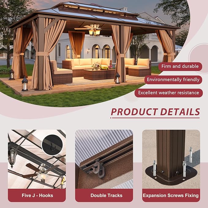 12’x20’ Hardtop Gazebo with Double Polycarbonate Roof Outdoor Metal Gazebo Sturdy Aluminum Frame & Removable Curtains, Netting Permanent Pavilion Pergola for Garden,Patio,Lawn (Brown)