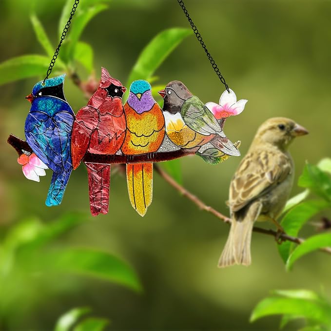 DASTOLL Stained Glass Window Hanging - Large Suncatcher Stained Glass Birds on Branch, Sun Catchers for Indoor Window Doors Room Home Decoration Hummingbird Gifts for Bird Lovers