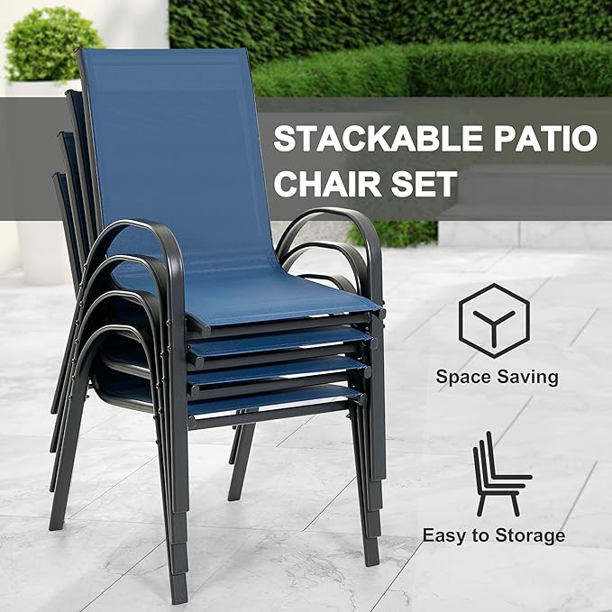 NUU GARDEN 5 Piece Patio Dining Set, Metal Outdoor Table with 31.5" Square Table and Umbrella Hole, 4 Stackable Chairs, Patio Furniture for Lawn Balcony Garden, Blue and Black