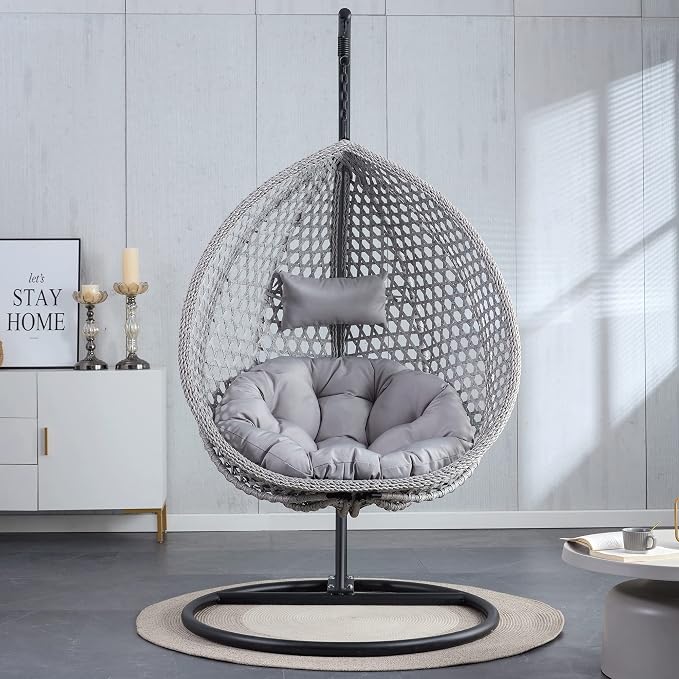 Hanging Egg Swing Chair with Stand, Rattan Wicker Hanging Egg Chair Hammock Indoor with Cushions, Swinging Chair for Bedroom Outdoor Patio Balcony Backyard Sunroom Heavy Duty 350LBS (Gray)