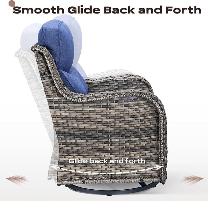 Rilyson Outdoor Swivel Rocker Chairs - All Weather Resistant Wicker Patio Furniture Set of 4 with High Back and 6 inch Thick Cushions for Deck Porch Yard and Poolside, Mixed Grey/Blue