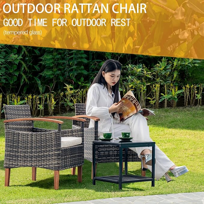 3 Pcs Outdoor Patio Furniture Sets, Outdoor Patio Rattan Chair with Side Coffee Table, Conversation Set Outdoor for Yard Garden Backyard Lawn (Gray)