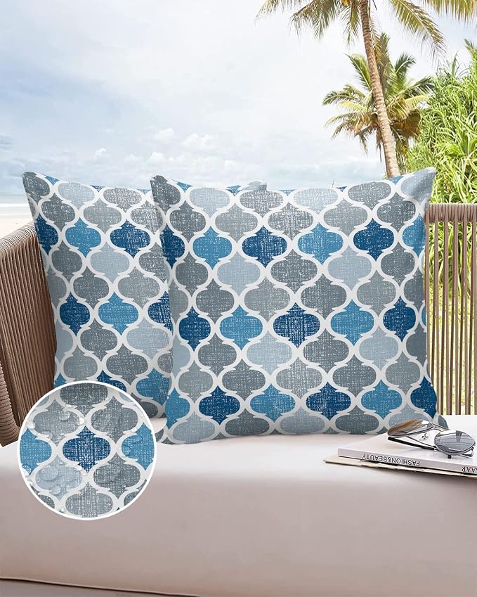 Morocco Outdoor Pillow Shams Set of 2, Decorative Pillowcases Cushion Case, Soft Throw Pillow Covers Waterproof Pillow Case 16x16 Inch, Blue Grey Geometry Retro