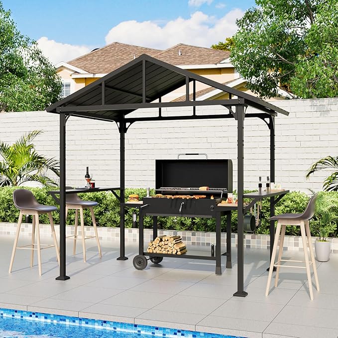ALAULM 8'x 5' Hardtop Grill Gazebo, Outdoor BBQ Gazebo Metal Roof Canopy with 2 Metal Side Shelves & 5 Tool Hooks for Patio, Garden, Backyard, Poolside (Dark)