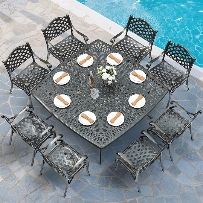 MEETWARM 9-Piece Outdoor Furniture Dining Set for 8, All Weather Cast Aluminum Patio Dining Set- Large 64" Square Table and 8 Chairs, Patio Table and Chairs Set for Garden, Umbrella Hole, Dark Bronze