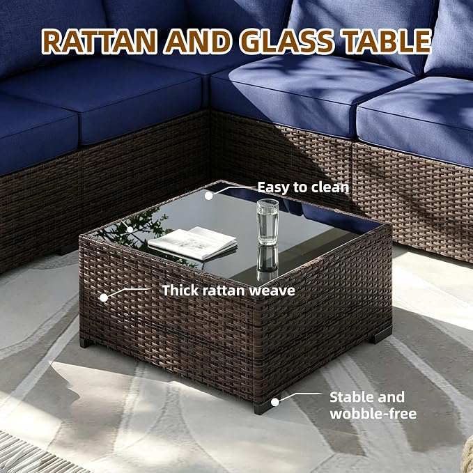 MOCHITO 5 Pcs Outdoor Patio Furniture Sets Brown Rattan Blue Cushions | All-Weather Sectional Sofa, with Glass Table, PE Rattan Wicker Patio Furniture , Washable Cushions, for Balcony Porch Garden