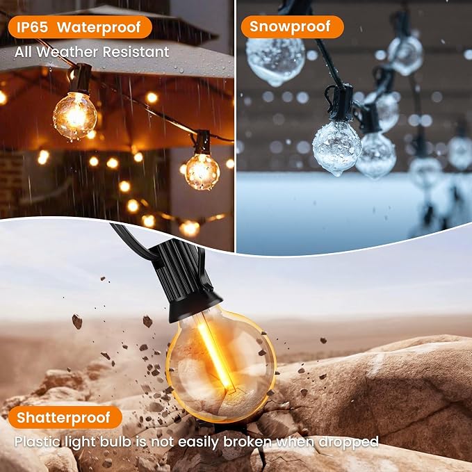 OHLUX Outdoor String Lights, 27FT LED Patio Lights with 13 Dimmable Plastic G40 Globe Bulbs(1 Spare), 2200K Waterproof Connectable Hanging Lights for Backyard Porch Cafe Party Decor E12 Socket Base