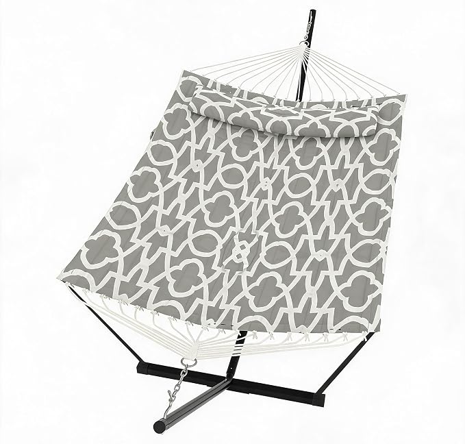 Double Hammock with Stand and Pillow – Heavy Duty Outdoor, Supports 450 Lbs, Balance Rope Included, for Backyard, Patio, and Camping, Light Gray Pattern