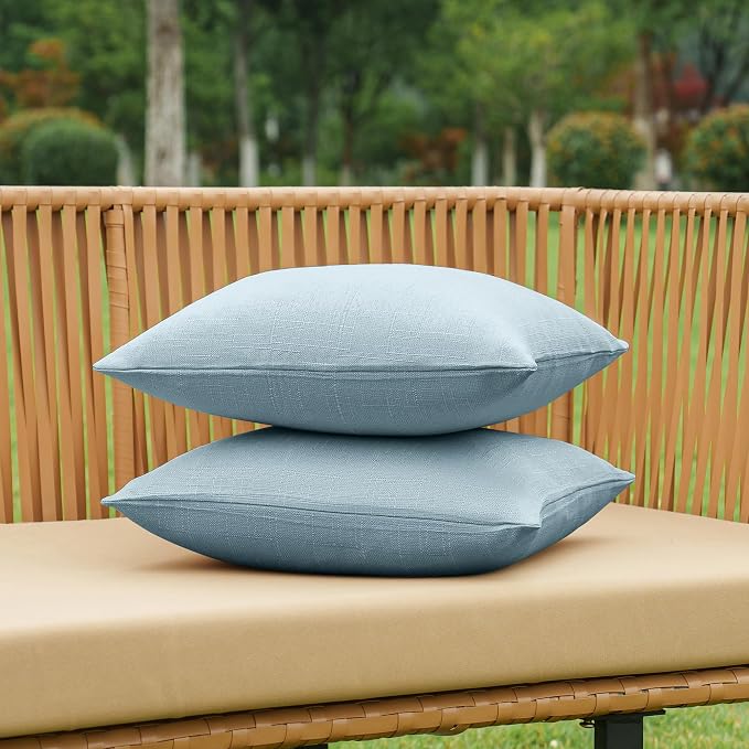 NiNi ALL Pack of 2 Decorative Outdoor Waterproof Pillow Covers Square Garden Linen Textured Cushion Sham Throw Pillowcase Set of 2 for Patio Farmhouse Garden Tent Couch 26x26 Inch Light Blue