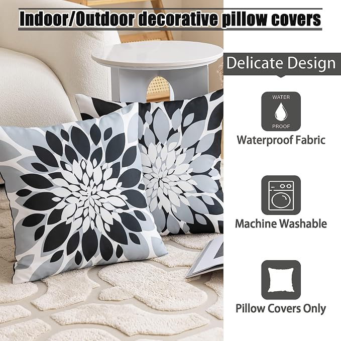 Pack of 4 Outdoor Waterproof Pillow Covers 20x20 Decorative Outdoor Throw Pillows Garden Square Cushion Cases for Patio Furniture, Couch, Tent Sunbrella, Bench, Black Grey