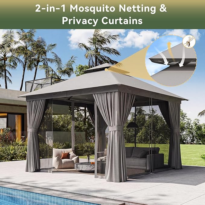 10'x10' Gazebo, Outdoor Gazebo Metal Frame Canopy with Double Roofs, Heavy Duty Patio Tent Shelter with Mosquito Netting and Privacy Screen for Backyard, Grey