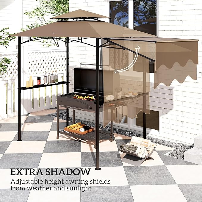 Outsunny 8' x 5' Grill Gazebo, Double Tiered Outdoor BBQ Gazebo with Side Awning, 2 Side Shelves and 6 Hooks for Patio, Deck, Yard, Brown