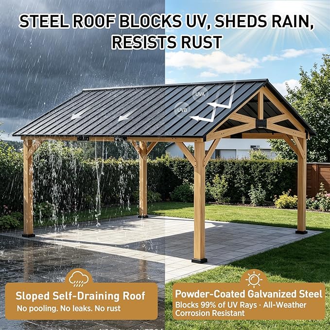 EAGLE PEAK 13x15 Hardtop Gazebo, Exposed Beam Rustic Gazebo, Galvanized Steel Gable Roof with Cedar Wood Frame, Outdoor Pavilion for Patio, Deck, Lawn and Garden Natural Wood/Black