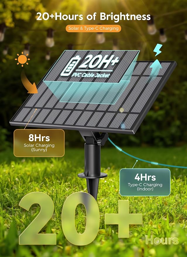 Minetom 202FT Solar String Lights Outdoor Waterproof, S14 Patio Lights | 65 LED Shatterproof Bulb, Remote Type-C Port Timable, 3 Light Modes Dimmable Solar String Lights for Outside, Yard, Camping