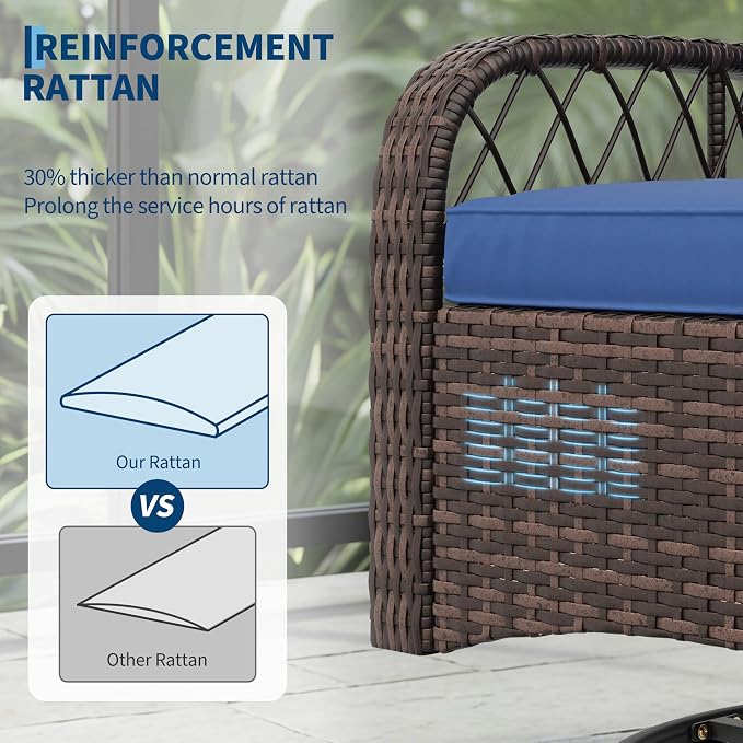 3-Piece Patio Furniture Set, 2 Swivel Rocking Chairs with 1 Rattan Side Table, Tempered Glass Tabletop, Patio Conversation Set for Deck, Porch, Garden, Poolside (Brown Wicker & Blue Cushions)