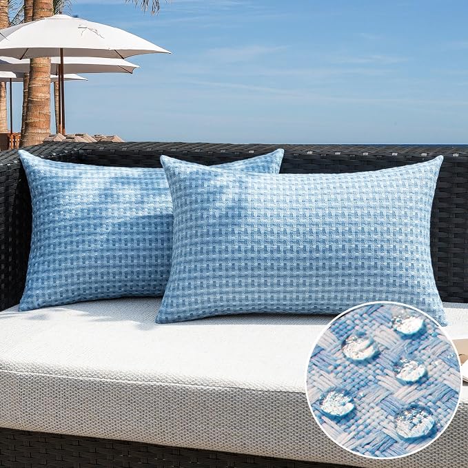 Kevin Textile Outdoor Waterproof 12"x24" Pillow Covers 2 Pack, Light Blue | Water Resistant Weaving Faux Linen Texture Throw Pillow Covers, Outside Decorative Pillowcases for Garden Patio Balcony Couch