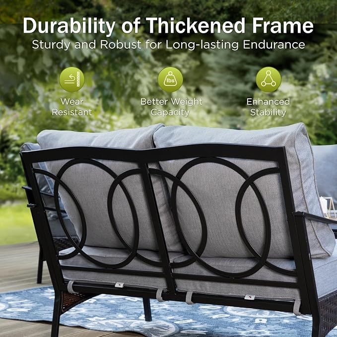 PHI VILLA Patio Furniture Set, Extra Large Wicker & Metal Outdoor Conversation Set Patio Sectional Sofa Set with Fixed Chair & Waterproof Thick Cushions for Porch, Poolside, Deck(7 Pieces, Grey)