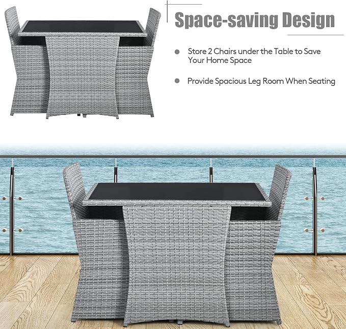 Tangkula 3 Pieces Patio Dining Set, Patiojoy Space-Saving PE Rattan Bistro Set with Tempered Glass Top Table and Cushioned Chairs, Outdoor Conversation Set for Garden, Backyard, Poolside, Porch