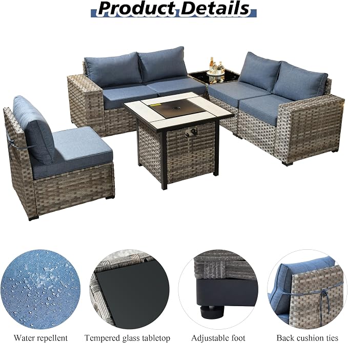 HOOOWOOO Modular Patio Outdoor Sectional Furniture Set with Gas Propane Fire Pit Table,7 Piece Wicker Conversation Sofa Set,Out Door Couch Set with Wide Arm Outside(Denim Blue)