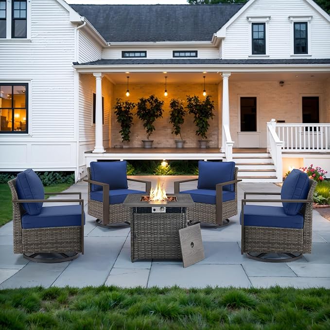 Belord Social 5 Pieces Patio Furniture Set - Swivel Rocker Glider Outdoor Chairs Set of 4 with 50000BTU Propane Fire Pit Table, Durable Wicker Outdoor Conversation Set for Casual Gathering