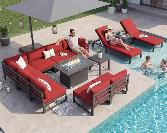 NICESOUL 13 Pcs Aluminum Patio Sectional Furniture Set with Lounge Chair & Fire Pit Table, 500 lbs Heavy Duty Anti-Rust Outdoor Couch, 29" Deep Wide Seat, High End Conversation Sofa for Poolside, Red