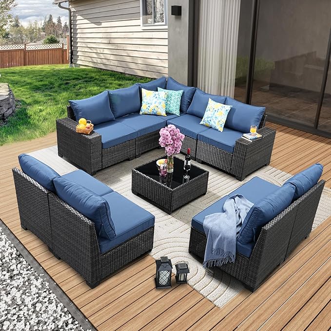 JOYURE 10 Pieces Patio Furniture Set All-Weather Outdoor Wicker Sectional Conversation Sofa Rattan Patio Seating Sofa with Cushion and Glass Table for Porch Poolside,Navy
