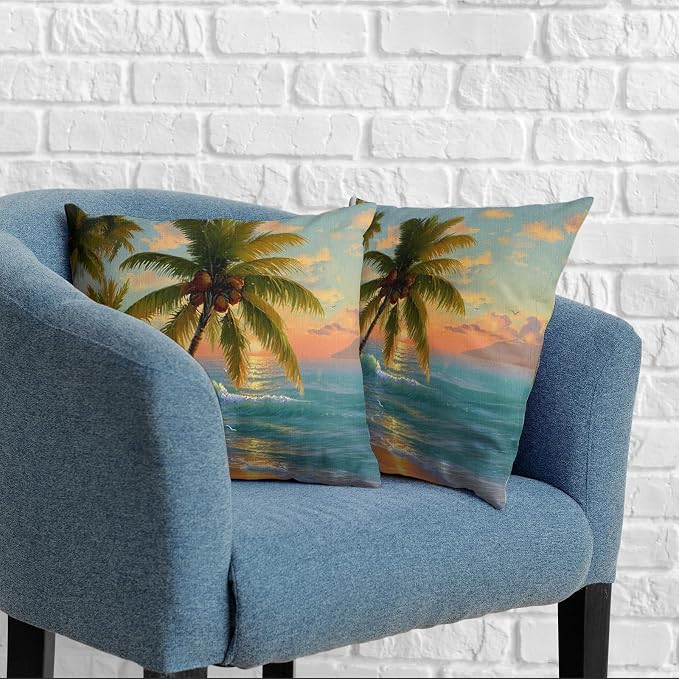 Hawaiian Sunset Coastal Throw Pillow Covers Tropical Coconut Palm Tree Pillow Covers 20x20 Set of 2 Summer Ocean Beach Pillow Cases Sea Wave Cushion Cases for Home Sofa Couch