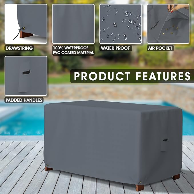 Covers & All Patio Deck Box Cover - Heavy Duty 12 Oz Waterproof Outdoor Yard Cushion Storage Box Protection 100% Weather Resistant with Air Pockets and Drawstring. (44”W X 28”D x 24”H, Grey)