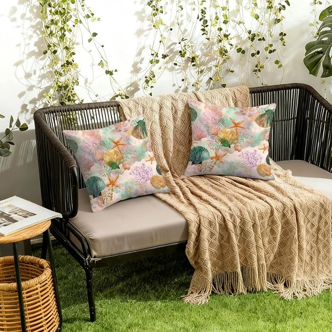 22x22 Inch Outdoor Pillow Covers Set of 2 Waterproof Throw Pillow Covers Decorative Couch Cushion Covers Watercolor Seashells Square Pillowcases Protectors for Patio Garden Sofa