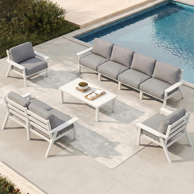 Patio Furniture Set 8 Seats, HDPE Outdoor Sectional with Gray Washable Thick Cushions, Coffee Table, Patio Conversation Sets for Lawn, Garden, Porch, Balcony, Deck (White Frame)