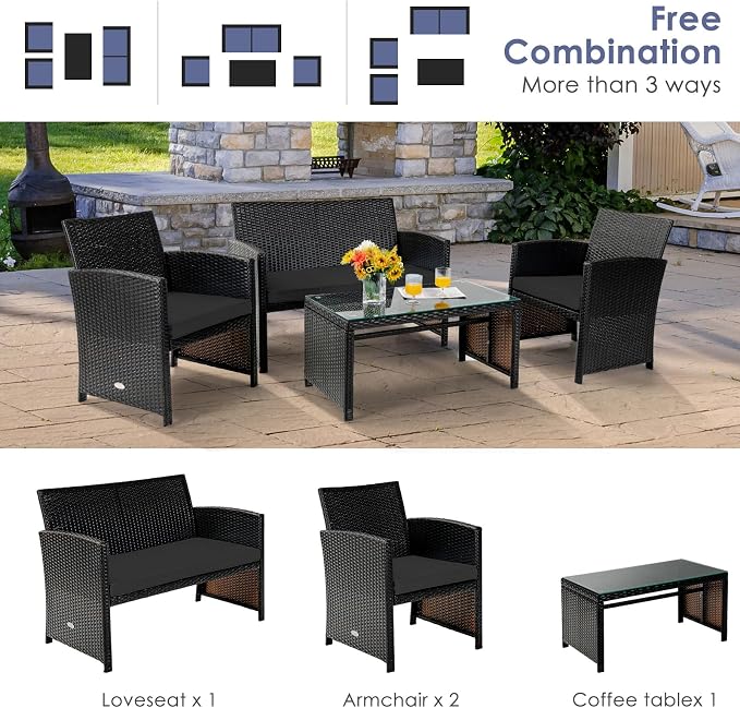 Tangkula 4 Pieces Rattan Furniture Set, Outdoor Conversation Set w/Chair & Loveseat & Tempered Glass Coffee Table, Suitable for Garden, Backyard, Poolside, Patio Furniture Set for 4 (1, Black)