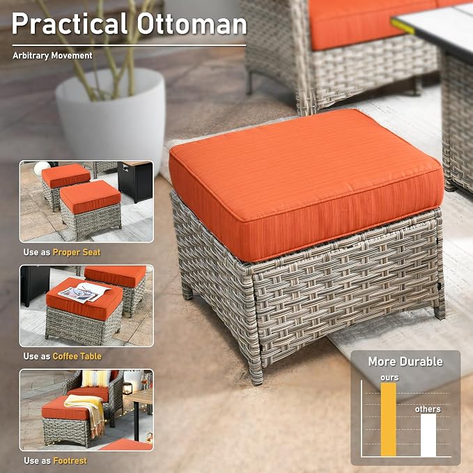 HOOOWOOO 6 Piece Patio Furniture Conversation Sets with Sola Light Table,Outdoor Wicker Furniture with Ottoman, All Weather Resistant Outside High Back Rattan Patio Set(Orange Red)