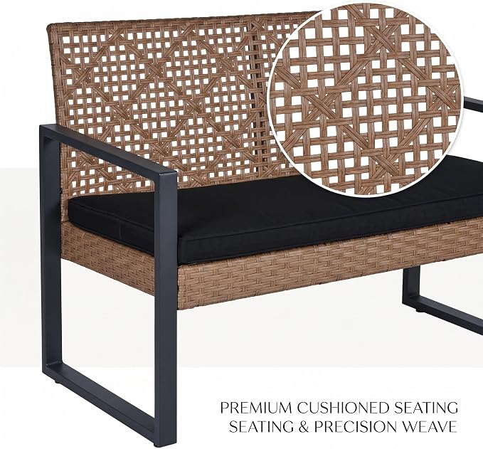 4 Pieces Patio Furniture Set Outdoor Furniture Set with Table, Wicker Patio Conversation Sets with Soft Cushion with 1 Spacious Souble Chair and 2 Single Chairs for Home, Garden, Lawn (Light Brown)