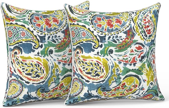 LVTXIII Outdoor Throw Pillows 18x18 Patio Waterproof Square Pillows with Piping Fade Resistant Accent Pillow for Spring Summer Garden Decoration, Set of 2, Paradise Paisley