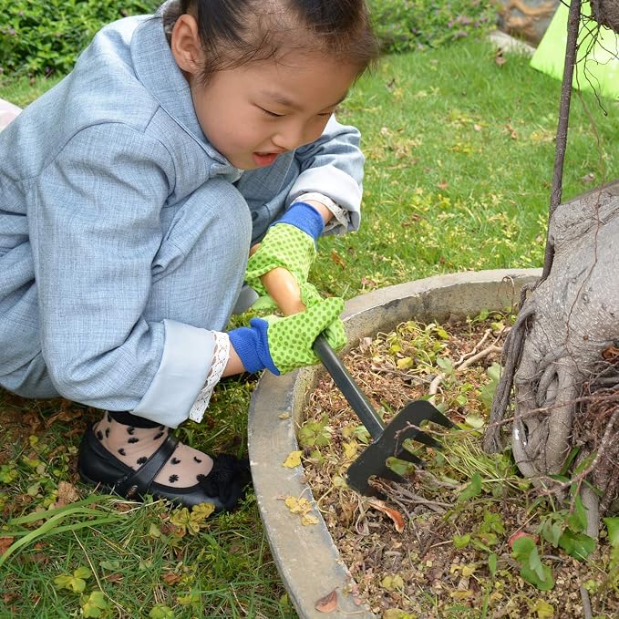 HANDLANDY 2 Pairs Kids Gardening Gloves, Cotton Kids Work Gloves, Green, M | Girls Boys Children Garden Yard Work Play Cycling Gloves with Knit Wrist, Cute Pattern, Gift