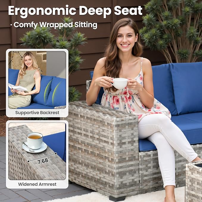 ovios 9 Pieces Patio Furniture Set, Outdoor Wicker Sectional Sofa with 42" Fire Pit Table Swivel Chair, Modern Modular Deep Seat Rattan Couch Conversation Sets, Navy Blue