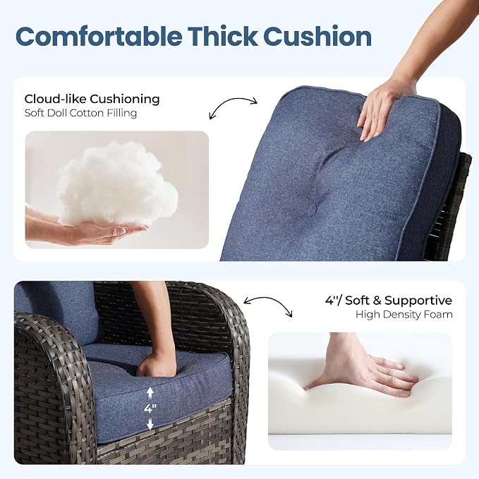 6 Piece Patio Swivel Rocker Chairs Set with Side Table, Denim Blue | High Back Deep Seating, All Weather Wicker, Outdoor Glider Chair Set, Porch Deck Backyard Balcony Furniture