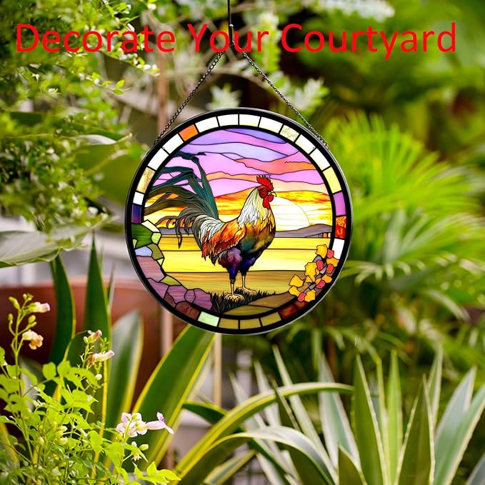 Rooster Hanging Stained Glass Sun Catcher,20cm/7.87inch Hand-Painted Sun Catcher Garden Hangings Christmas Mother's Day, Valentine's Day Ornaments Festival Gift