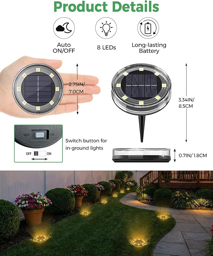 LOTMOS 4 Pack Solar Ground Lights Outdoor, 8 LED Solar Flat Lights IP68 Waterproof Disc Light, Landscape Lighting Solar Powered for Garden Yard Path Driveway Lawn Patio Walkway, Warm White