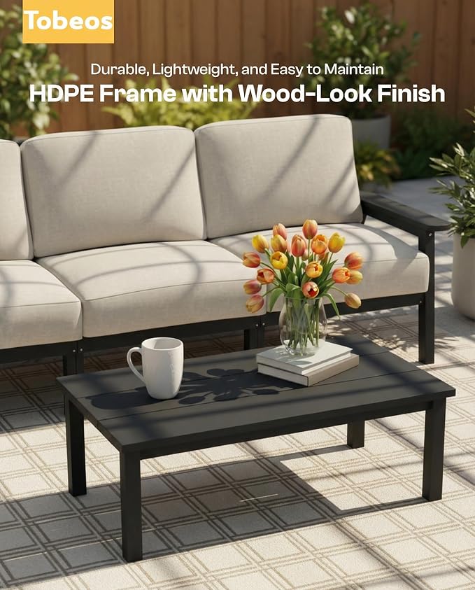 2 Piece HDPE Outdoor Furniture Set with Beige Cushions (Black Frame) | All-Weather HDPE, Modular Design, Extra-Deep Seating, Thick Cushions, Ideal for Backyard, Deck & Porch