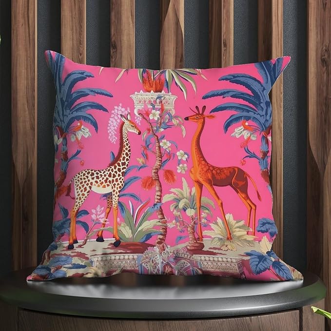 Pillowcase Animal Pink Chinoiserie Cushion Cover Rustic Thailand Giraffe Jungle Pillow Cover Accent Farmhouse Decor Pillow for Couch Sofa Bedroom Car 22x22 in