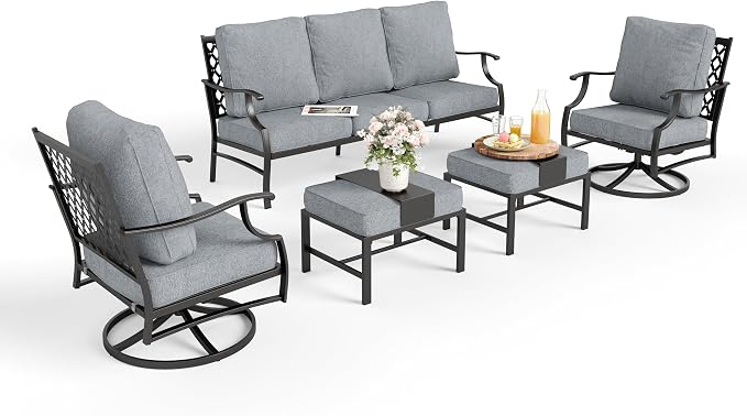 MIXPATIO Patio Furniture Set 5 pcs, Outdoor Patio Furniture, 3-Seat Sofa, 2 Swivel Chairs, 2 Ottomans and 5.75" Extra Thick Cushion, Patio Conversation Set for Garden Backyard Deck,Grey