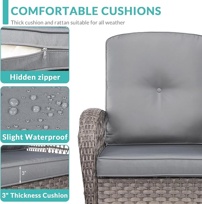 MEETWARM 5 Pieces Outdoor Patio Rattan Furniture Sets, All Weather Patio Wicker Conversation Set - 2 Rocking Swivel Chairs 1 Rattan Loveseat Glider w/Cushions, 2 Glass-Top Coffee Table, Gray