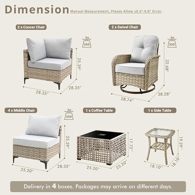10 Pieces Patio Sectional Furniture Set, Outdoor Wicker Sectional Couch with High Back Swivel Rocker Chairs Solar Lights Table, Modern Conversation Set for Porch Balcony Backyard, Gray