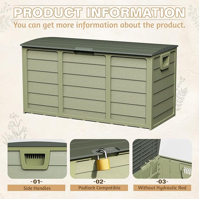 SUNCROWN 75 Gallon Deck Storage Box Resin Outdoor Storage Container with Handles for Patio Garden Yard Porch, Green