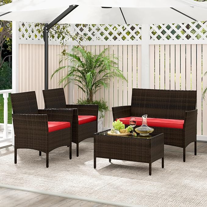 4 Piece Patio Furniture Set, Sectional Conversation Sofa Set with Glass Coffee Table, Cushions & Loveseat, Wicker Outdoor Table and Chairs for Pool, Garden, Deck, Backyard (1, Red)